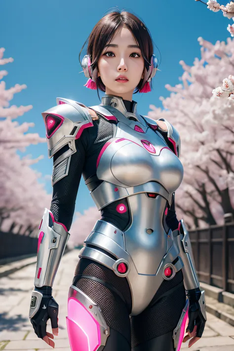 beautiful japanese young woman, wearing cyborg armor, thick symmetrical features, very short hair, background is cherry blossoms...