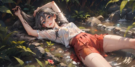 Fu Hua(Rustic Noir), (grey hair, long hair:1.7), (sweating:1.4), 1girl, solo, wet, flower, lying, skirt, wet_clothes, see-through, looking_at_viewer, breasts, red_skirt, wet_shirt, shirt, outdoors, medium_breasts, water, arms_up, pleated_skirt, bare_legs, ...