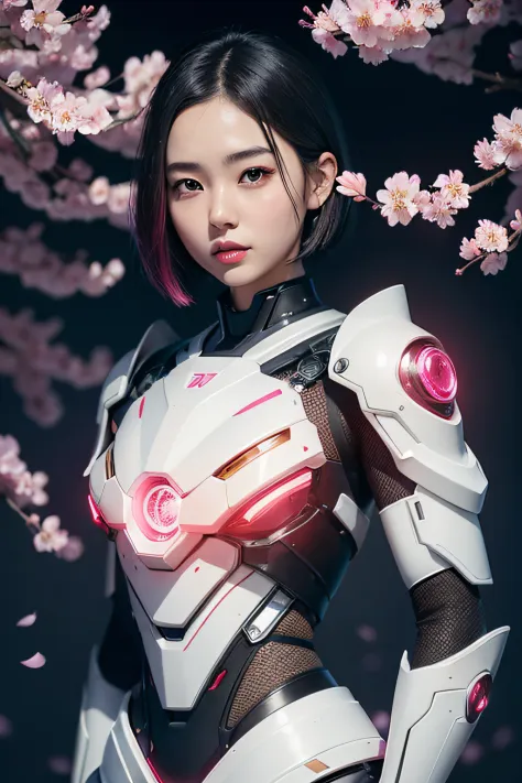 beautiful japanese young woman, wearing cyborg armor, thick symmetrical features, very short hair, background is cherry blossoms...