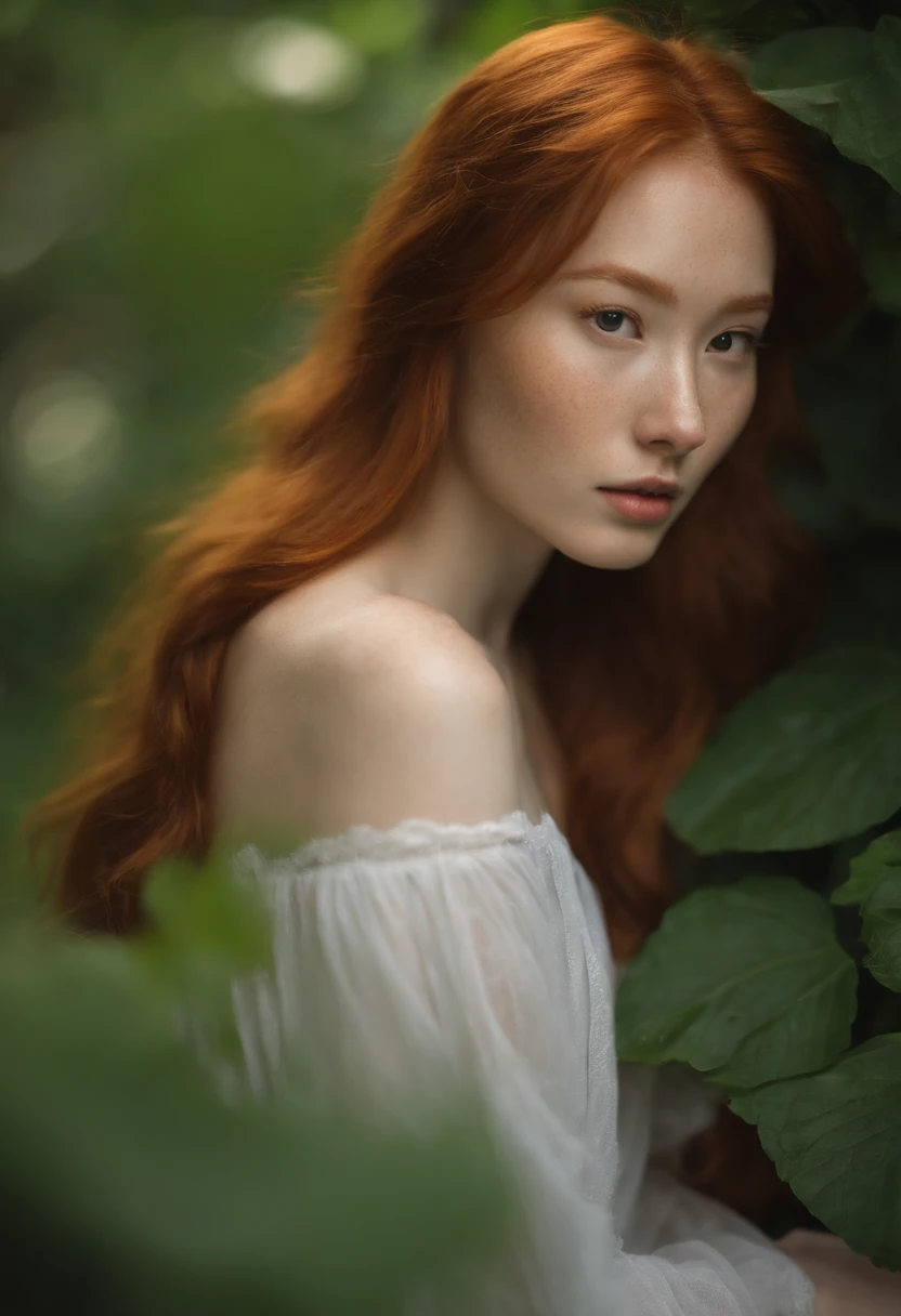 A close up of a woman with red hair and a white dress - SeaArt AI