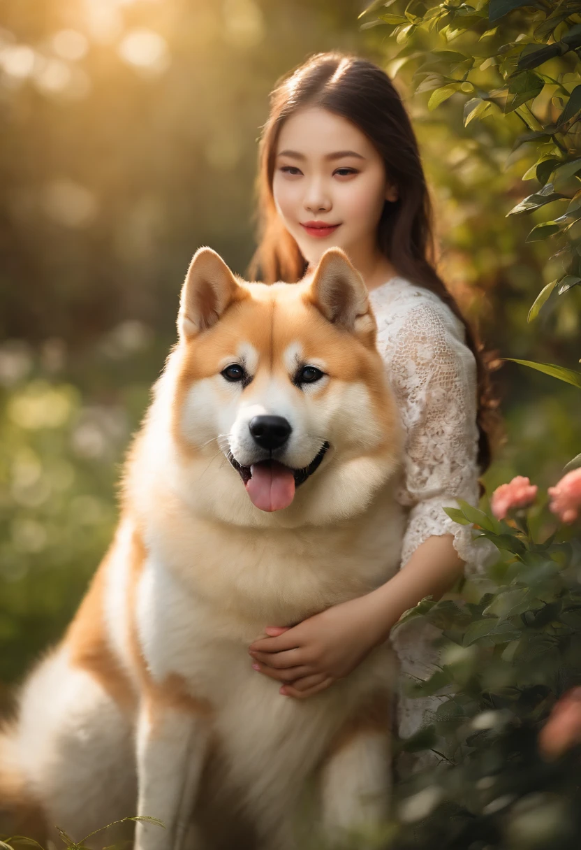 a girl playing with an Akita inu,beautiful detailed eyes,beautiful ...