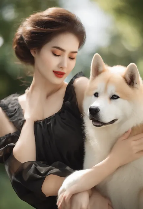 a girl playing with an Akita inu,beautiful detailed eyes,beautiful ...