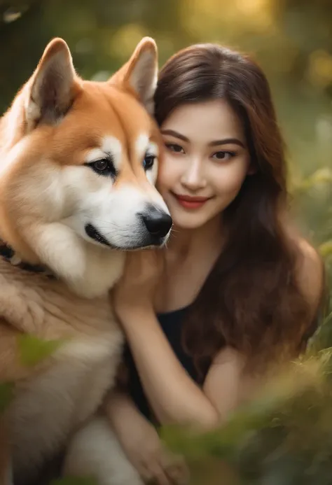 a girl playing with an Akita inu,beautiful detailed eyes,beautiful ...