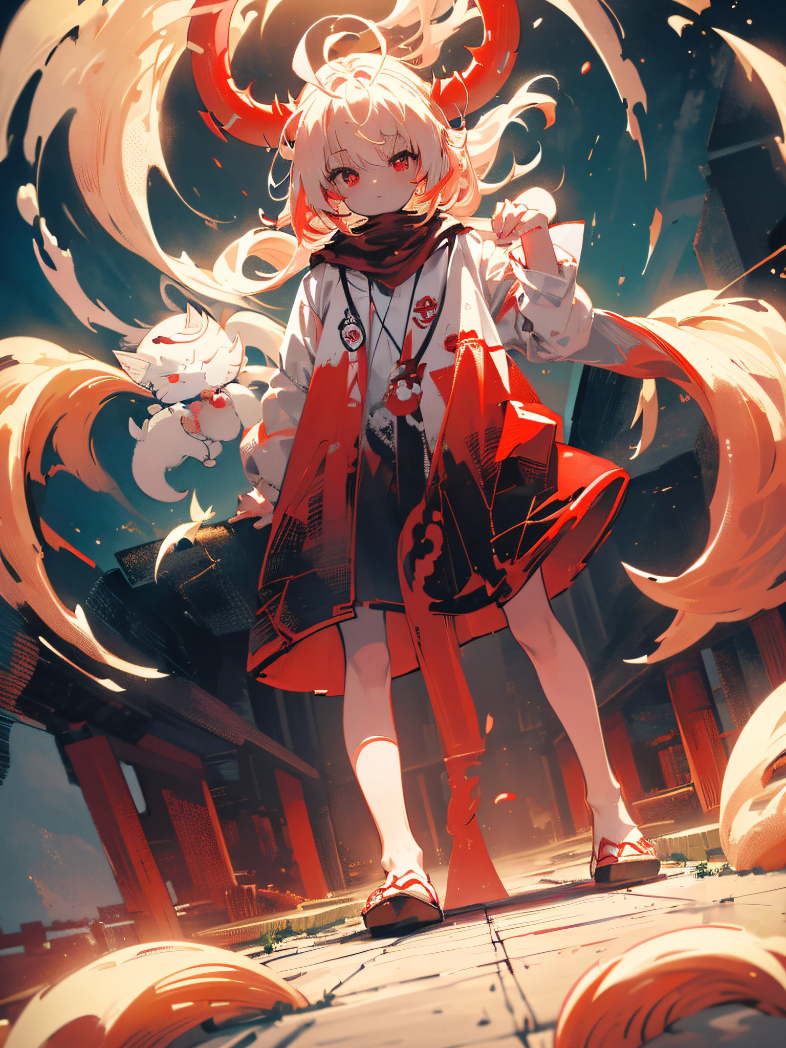 a white Yokai cat with reddish features, glowing red eyes, fangs, red claws, 3 tails, horns, kanji on forehead, stepping on clouds, (ultra-realistic), {extremely detailed 8k CG unit wallpaper}, photography of expansive landscape, (a view from above with focus on the character), (wide view of open field), (high angle shot), (high light: 1.7), (low light: 0.7), (warm light source: 1.7), complex details, (iridescent colors: 1.7), (bright lighting), (atmospheric lighting), dreamy, magical, surrealistic