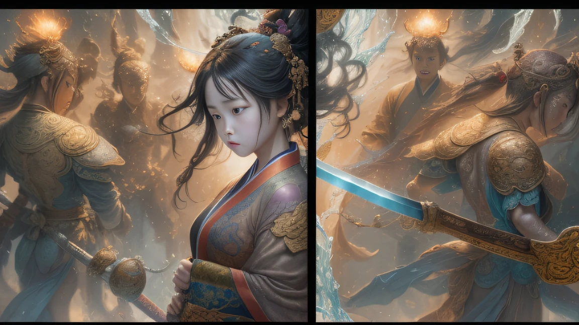 [illustratio，Story split-shots]comic page，There are multiple screens on one page: Chinese male warriors of the Qin Dynasty, A cold face，Symmetrical body, Broken robes，Armed with a bloody blue-edged sword，standing in the wind（Side half close-up）。The battle flag is skewed，Fireworks are everywhere，Enemies in the distance are rushing towards him，breathtaking moment（bblurry，Faraway view）。[Multi-lens burst shooting]:Ultra-wide angle, Cinema lenses,Motion capture, Chiaroscuro, Depth of field 1.8，The protagonist is focused，Cinema lenses，Zao Wou-Ki style（（Storyboard:1.8, Hyper-realistic_layout））Double-ponytailed black-haired female Taoist, Holding a long sword, Fight people， anatomy correct，Golden silk robe，fantasy, Ethereal, (isolation:1.1), (glaze:1.1), (reflective light:1.2), glass, polygon, Ultra detailed, Intricate, oil on the canvas, Dry brush, (surrealism:1.9), (Disturbing:1.1), Enhanced detail., 32K ，Ultra HD photography realistic photos，Comics-like panel layout, Voice balloons, Flying sand and rocks，Goddess of water control，flowing dark hair，Water Goddess 32K，复杂，elegant black hair，highly  detailed，A majestic，Digital photography，Smoke and smoke，surrealism painting，thin fog，Beating magic，Entwined water magic，（tmasterpiece，Cinematic light），hdr，Energy storm(China 1 girl，）Water Goddess 32K，Side shot，Complex arena，full bodyesbian，surrealism painting，Broken rubies，Pulsating dynamic effects，Entwined water magic，（Cinematic light），hdr，Vista rotating storm background