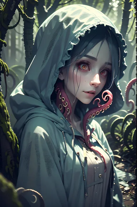 Horror girl, cloth, tentacle from under the clothes, tentacles instead of legs, tentacles from the sleeves, hoodie, cloth , ssmi...