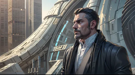 handsome businessman in his 40s in futuristic city, solo focus, wide shot, hyper realistic, in style of Star Wars