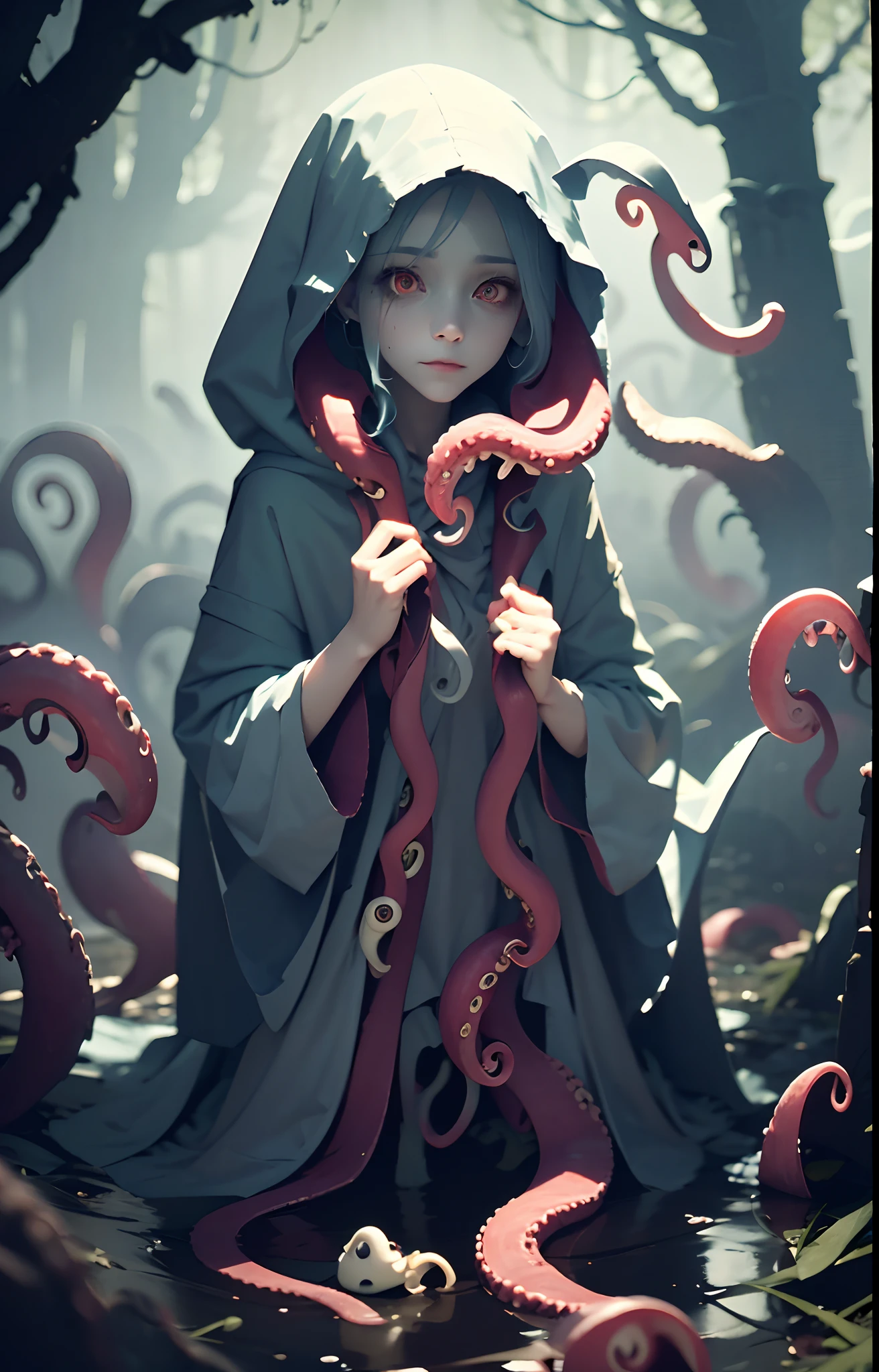 Horror girl, Flat Breast, The girl is wrapped in bloody rags and bandages,cloth, tentacle from under the clothes, tentacles instead of legs, tentacles from the sleeves, hoodie, cloth , smile, detailized face, expressive nose, Lively eyes, ultra detailed, incredible lighting, hyper detailed, 8k, foto realista, High-quality photo, A full-length girl stands in a swamp, Girl in the swamp, Swamps, mist, the trees, grey skin, empty look, Slim physique, dark colored hair, red-eyes