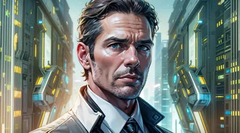 handsome businessman in his 40s in futuristic city, solo focus, wide shot, hyper realistic, in style of Star Wars