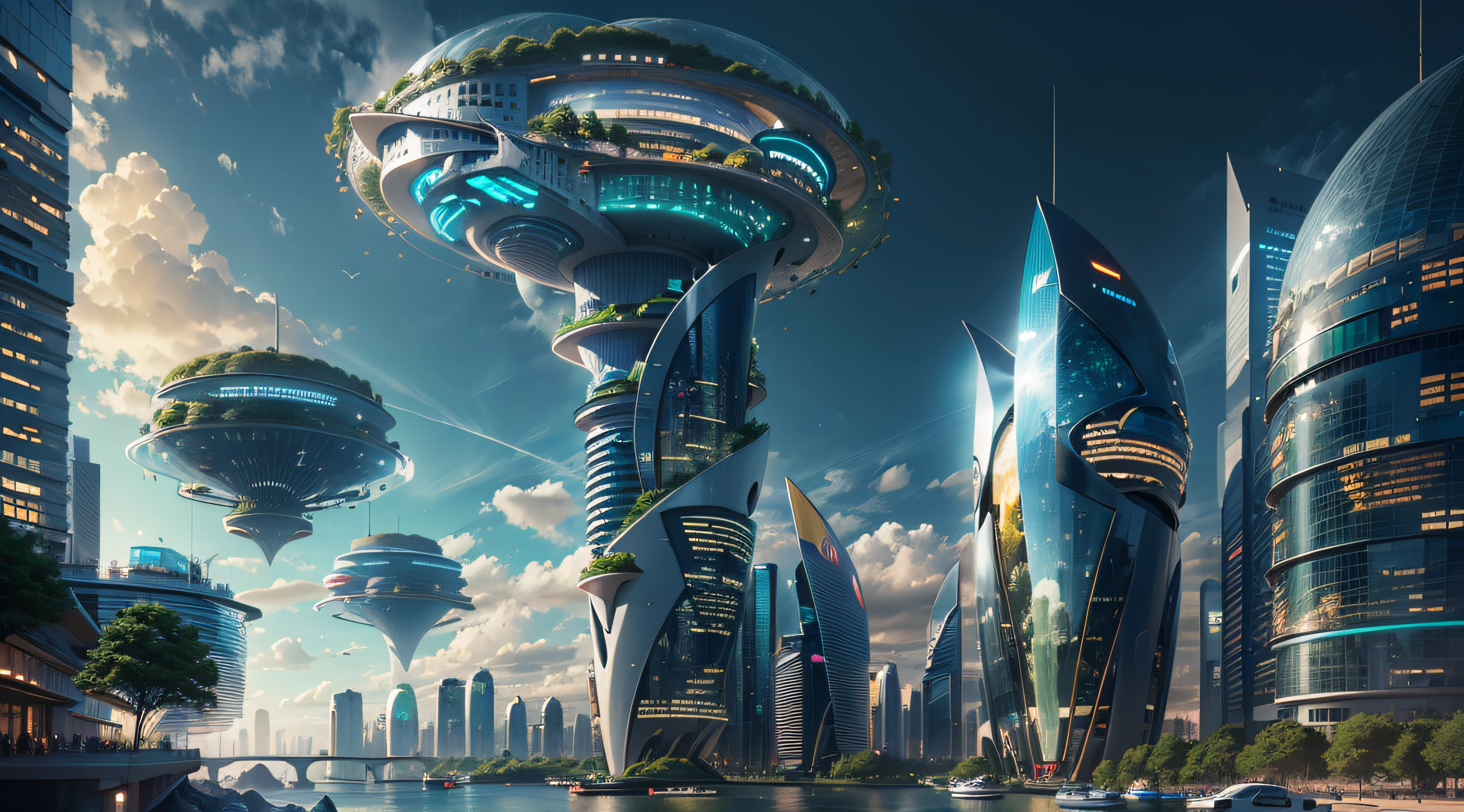 (Best quality,4K,8K,A high resolution,Masterpiece:1.2),Ultra-detailed,(Realistic,Photorealistic,photo-realistic:1.37),Futuristic floating city,Futuristic technology,Huge urban high-tech tablet platform,Airship,Floating in the sky,Futuristic city,Small airships around,High-tech hemispherical platform,Colorful lights,Advanced architecture,modernn architecture,skyscrapper,Access the cloud,Scenic beauty,view over city,Impressive design,Blend seamlessly with nature,energetic and vibrant atmosphere,Futuristic transportation system,Parking is suspended,Transparent path,Lush greenery,Sky gardens,cascading waterfalls,Magnificent skyline,reflections on the water,Sparkling river,Architectural innovation,futuristic skyscrapers,Transparent dome,The shape of the building is unusual,Elevated walkway,Impressive skyline,Glowing lights,Futuristic technology,Minimalist design,Scenic spots,Panoramic view,Cloud Piercing Tower,Vibrant colors,epic sunrise,epic sunset,Dazzling light display,magical ambiance,The future city,Urban Utopia,LuxuryLifestyle,Innovative energy,sustainable development,Smart city technology,Advanced infrastructure,Tranquil atmosphere,Nature and technology live in harmony,Awesome cityscape,Unprecedented urban planning,Architecture connects seamlessly with nature,High-tech metropolis,A cutting-edge engineering marvel,The future of urban living,Visionary architectural concept,Energy-efficient buildings,Harmony with the environment,A city floating above the clouds,Utopian dreams become reality,The possibilities are endless,State-of-the-art transportation network,Green energy integration,Innovative materials,Impressive holographic display,Advanced communication system,Breathtaking aerial view,Quiet and peaceful environment,Modernist aesthetics,Ethereal beauty