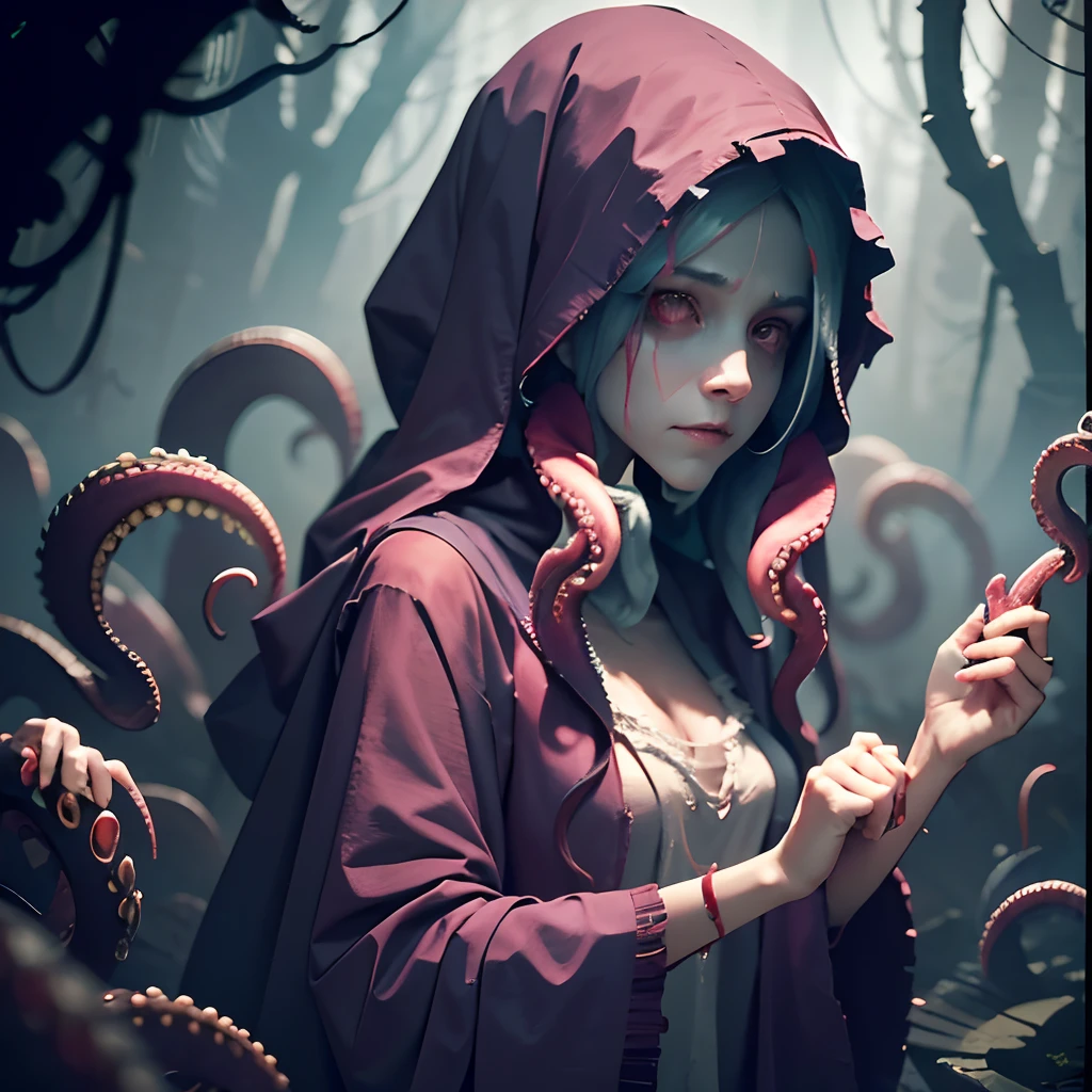 Creepy Girl, wrapped in cloth and rags, she walks through the swamp like a ghost. She has long purple hair, A lot of hands, eyes full of hatred, wicked smile. Long tentacles are visible from under her dress. She is a complete monster and no one can stop this horror. The swamp is immersed in fog and haze, and the girl hides in the fog to strangle and devour the next victim; The girl's eyes are clear, Red, Expressive, they radiate hatred. High-quality photo, foto realista, 8k, Cinematic quality