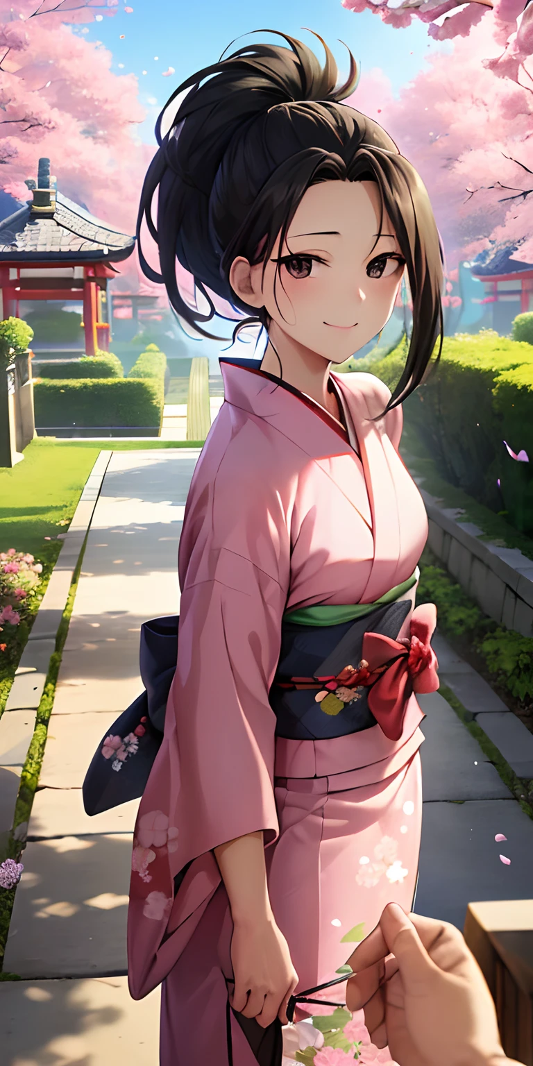 Anime girl in kimono outfit standing on sidewalk with cherry blossoms -  SeaArt AI