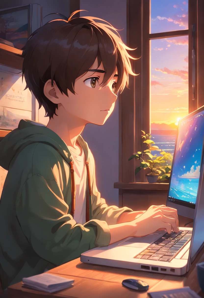 best quality, 4k, highres, masterpiece:1.2, movie still, 1boy sitting close to window with its laptop, detailed face, detailed fingers, sunlight streaming through the window casting warm soft lighting, sunset, close-up of the boy's happy expression, vibrant colors, peaceful atmosphere, cozy and inviting environment, tranquil and serene ambiance, realistic and lifelike rendering, intricate details of the laptop keyboard and screen, delicate highlights and shadows, ultra-fine painting, sharp focus on the boy's face, soft and smooth skin texture, vivid colors of the sunset, bokeh effect in the background,  cinematic composition, professional grade photography, aesthetically pleasing and visually captivating, emotion and storytelling in a single frame, capturing a moment of introspection and creativity, the boy immersed in his own world, a sense of calm and contentment.