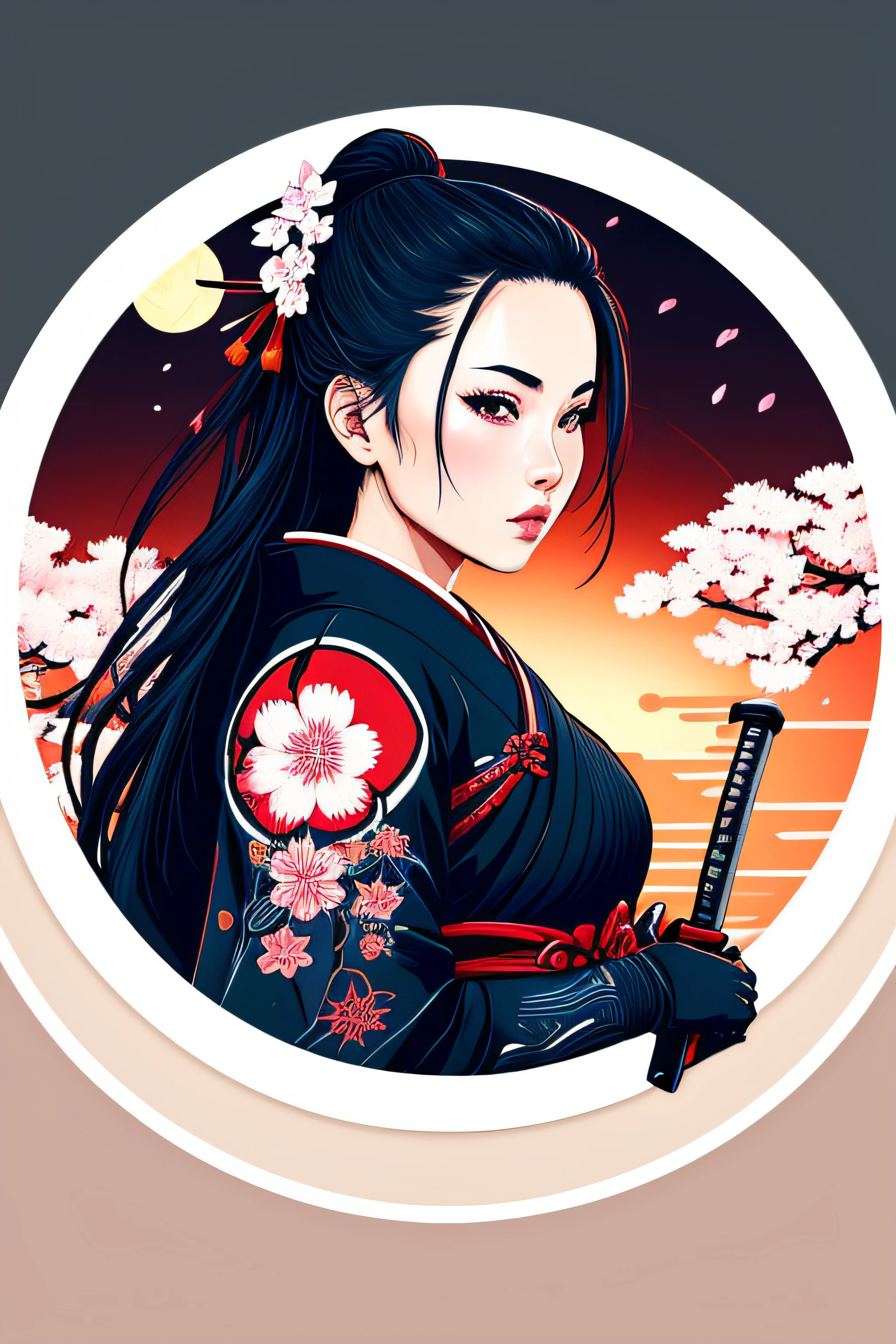 ((Adesivos)), 1 garota, Altamente detalhado, ronin feminino sexy, samurai, fronteira de flores de cerejeira, Japãoese tattoos, Katana, Japão, noite, luar, arte de estilo vetorial, erótico, Estilo de pôster de filme, letras. (obra de arte:1.2), (melhor qualidade), (ultra detalhado), (8K, 4K, Intrincado),(Altamente detalhado:1.2),