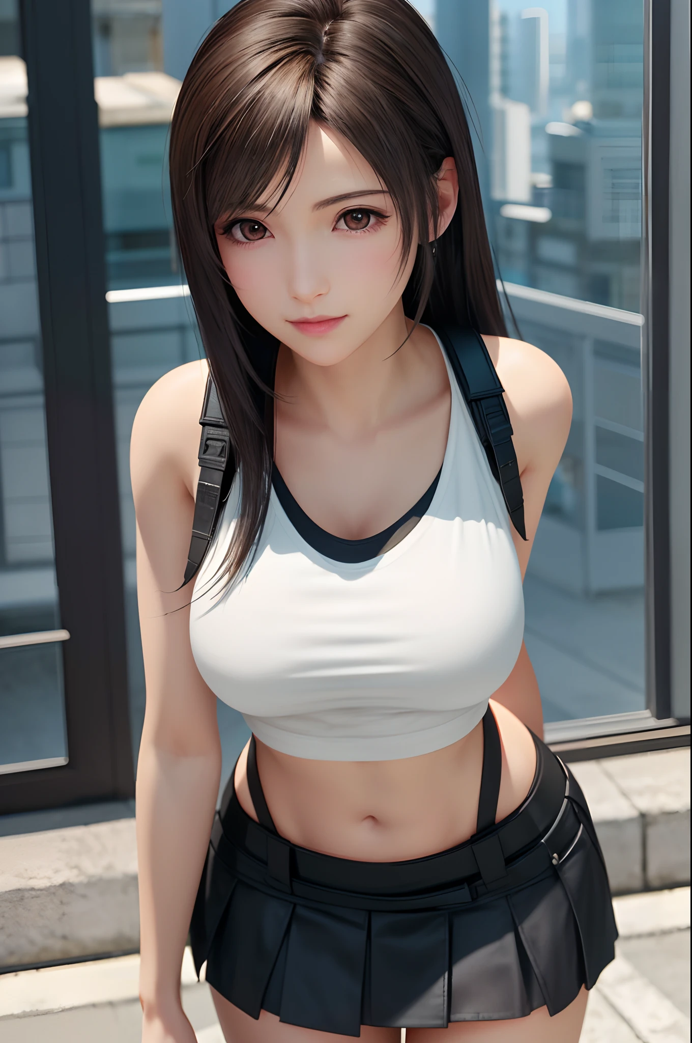 8K,top-quality,Real Image,intricate detailes,超A high resolution,Depth Field,masuter piece,natural soft light,profetional lighting,1 girl in,(cute little:1.2),Very beautiful 17 year old cartoon girl, photorealistic anime girl render, realistic anime 3 d style,A detailed eye,((Brown-eyed)),(Brown hair),(bangss), (((FF7)))(((Tifa))),(tifa:1.2,Solo), Blake Super Detail Face, Detailed eyes, (light brown hair, Large breasts: 1.2), (suspenders、lowrise、a miniskirt、Tank Tops、Tense shirt),Cyberpunk cityscape