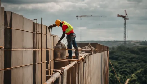 Photo of a civil construction professional placing cement on a wall atop a scaffolding. A baixo dele esta outra pessoa mechendo massa no piso