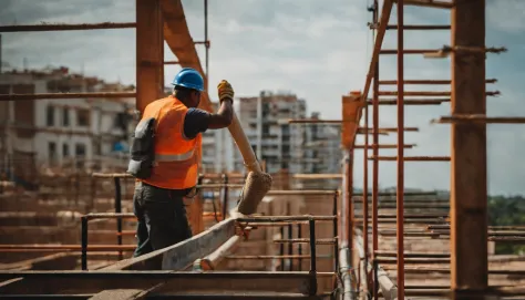 Photo of a civil construction professional placing cement on a wall atop a scaffolding. A baixo dele esta outra pessoa mechendo massa no piso