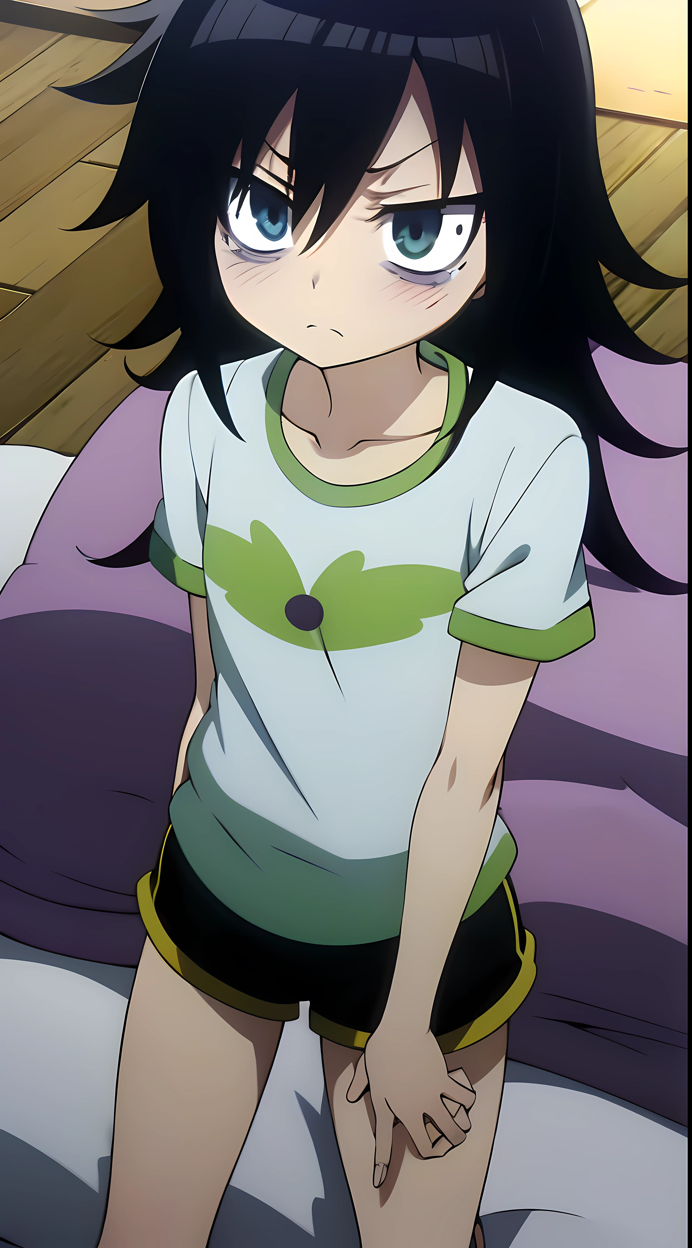 Anime girl with black hair and green shirt standing in front of a bed -  SeaArt AI