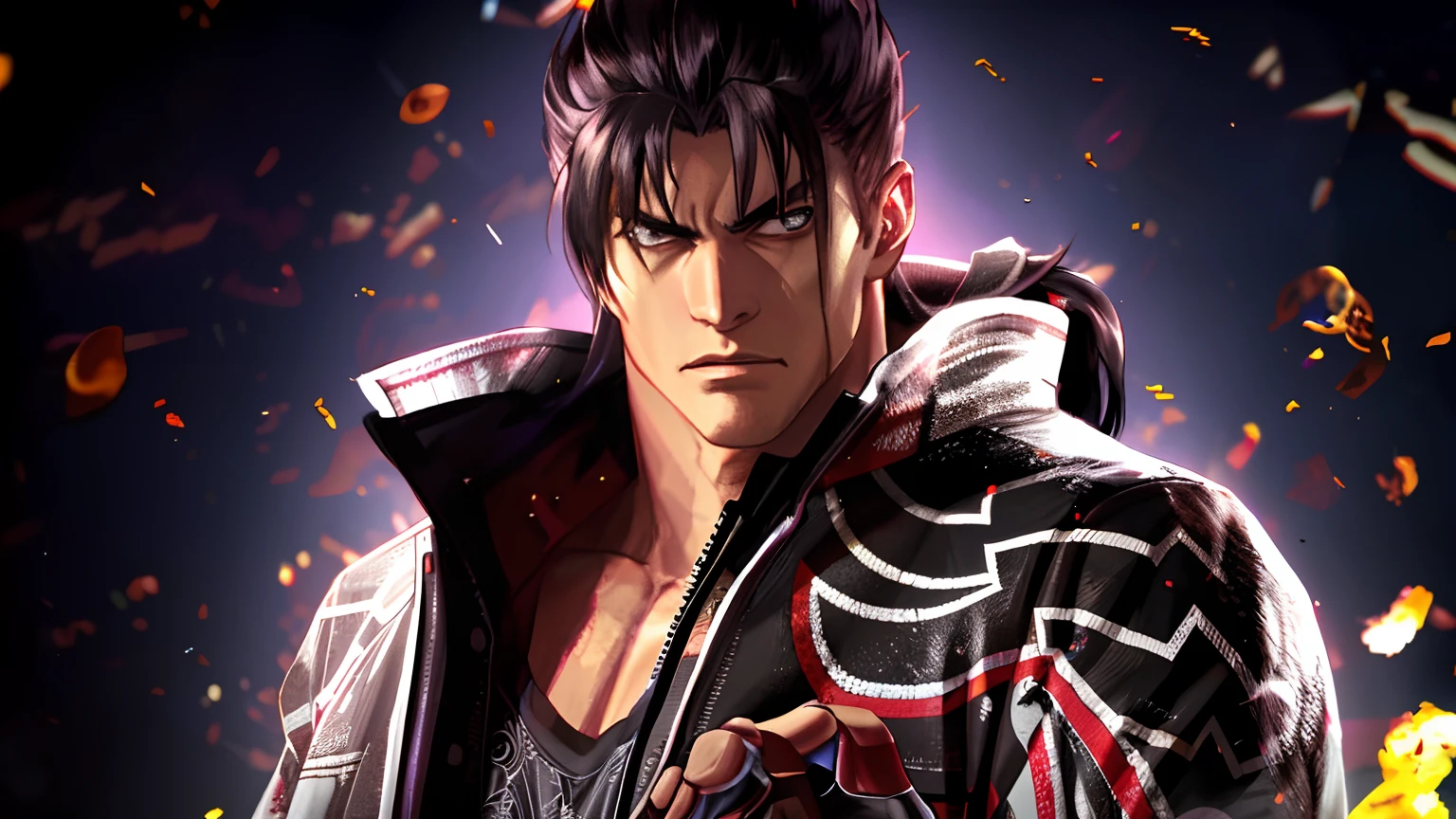 a close up of Jin Kazama, as a character in tekken, tekken 8, tsurumaki jin, shinkiro toshiaki mori, tekken, shinkiro, inspired by Kanō Hōgai, kazuma kaneko, jin kazama, ps5 cinematic screen capture, tom cruise as kenshiro, epic wallpaper, detailed