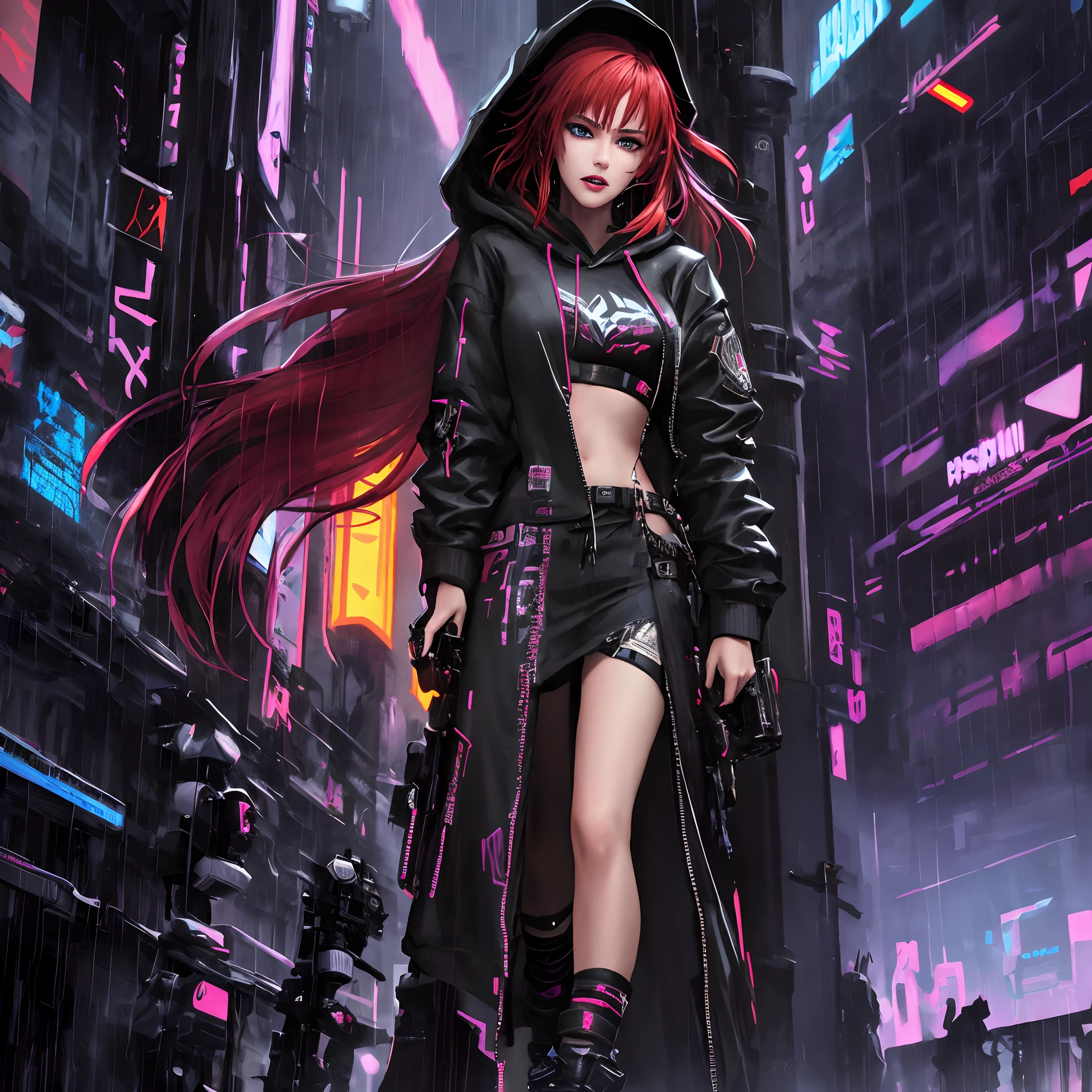 best quality, masterpiece, cinematic, realistic, cyberpunk, cyberpunk city, neon, volumetric lighting, black sky, (raining, thunderstorm), 1girl, (cyberpunk clothing, hoodie, pants, punk clothes), (flowing red hair), water reflecting off ground, from behind, ((hidden face)),