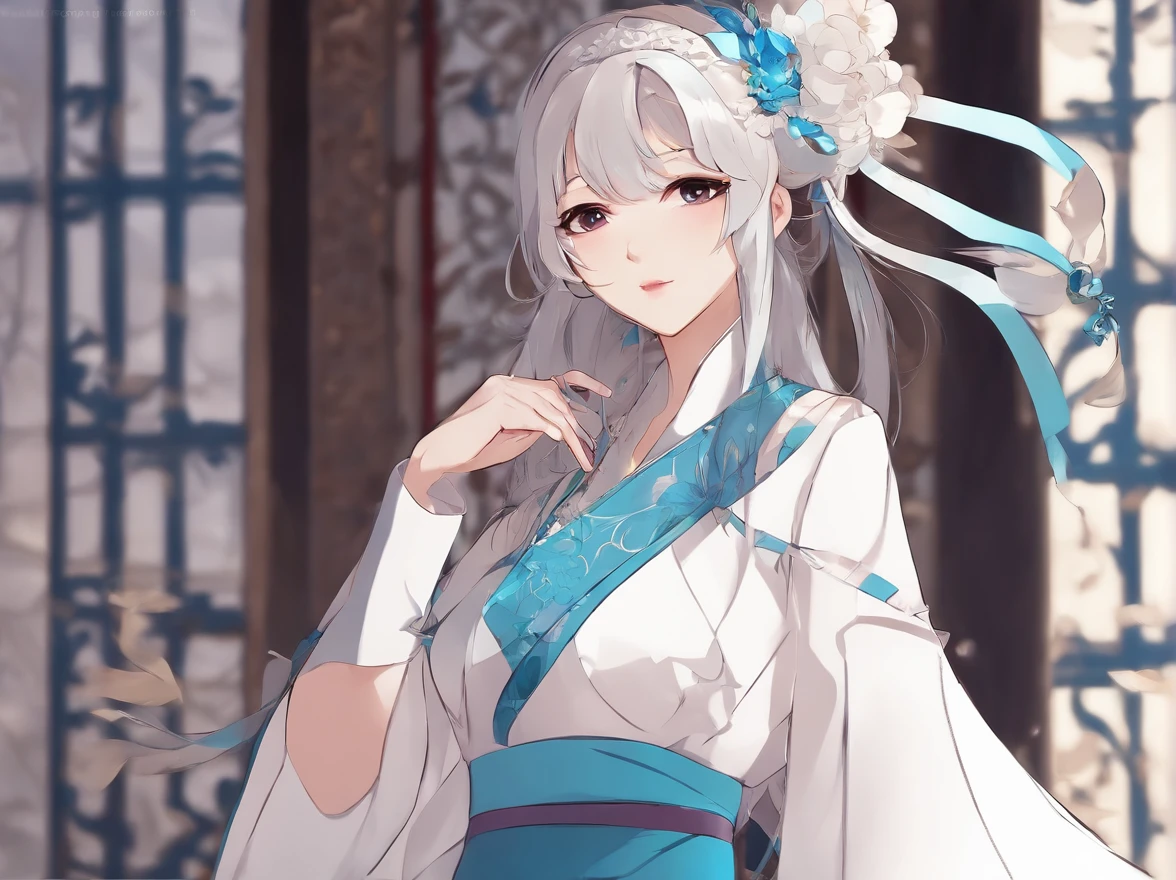 Anime girl and sword in white and blue dress, anime goddess, a beautiful fantasy empress, ((a beautiful fantasy empress)), palatial palace ， a girl in hanfu, Cute anime waifu in a nice dress, beautiful alluring anime woman, guweiz on pixiv artstation, guweiz on artstation pixiv, Detailed Digital Anime Art, detailed anime art