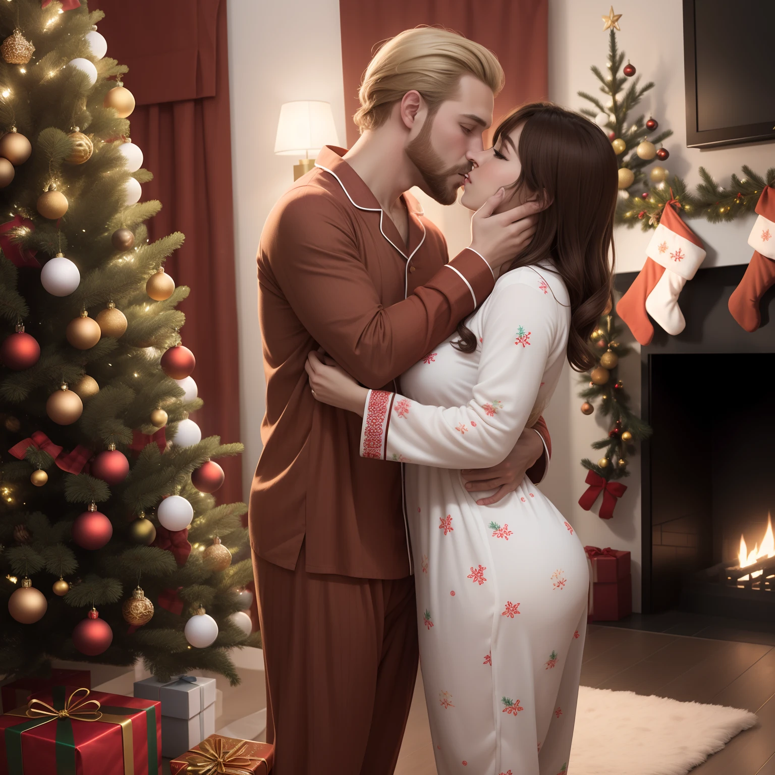 There is a man and woman kissing in front of a christmas tree - SeaArt AI