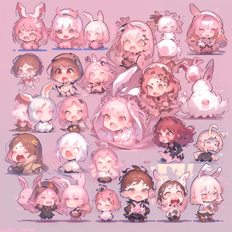 f/64 group, related characters, (all kinds of expressions,happpy, sad, angry, expectant laughter, disappointed, Scared,Surprised), white background, emoji as illustration set,dynamic pose dark white, (pink hair, pink eyes, Rabbit ear, pink clothes :1.1)