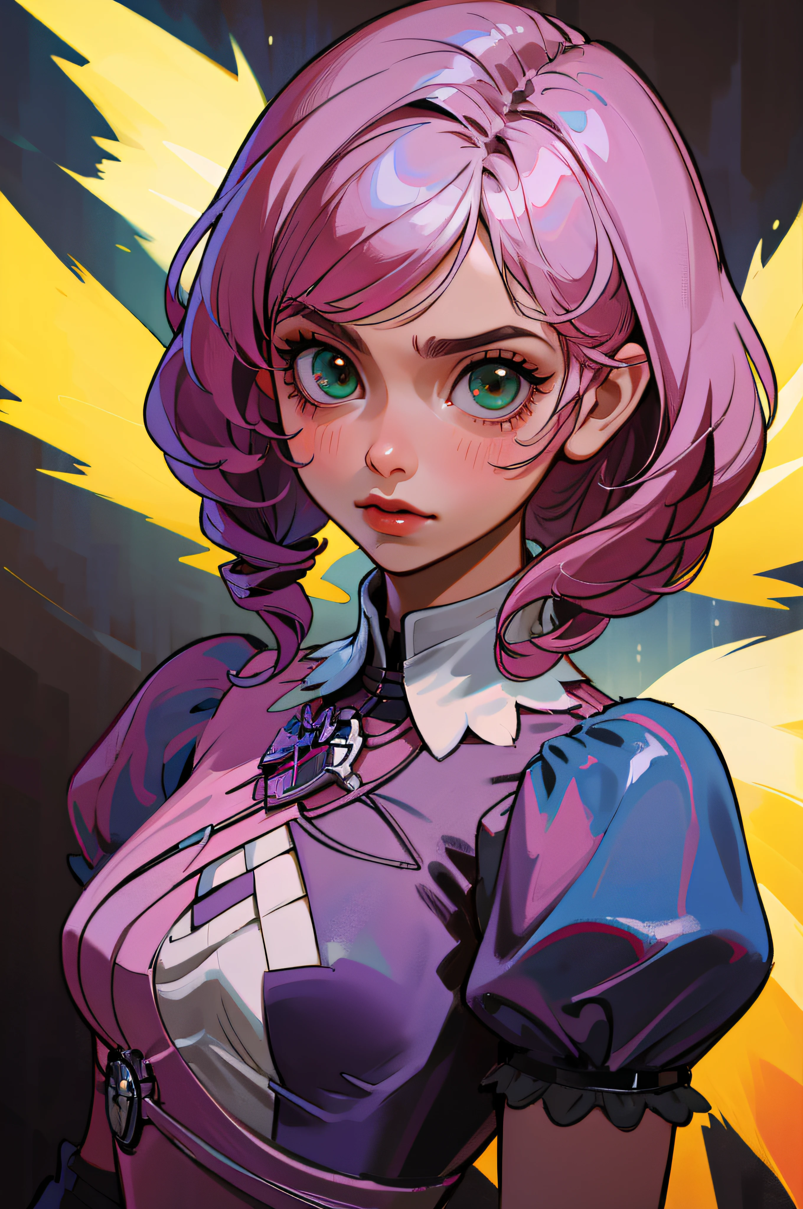 Alisa Bosconovitch, best qualityer, greeneyes, pink  hair, shorth hair, multicolored wildly hair, black jersey, mechanical wings, middlebreasts, tekken