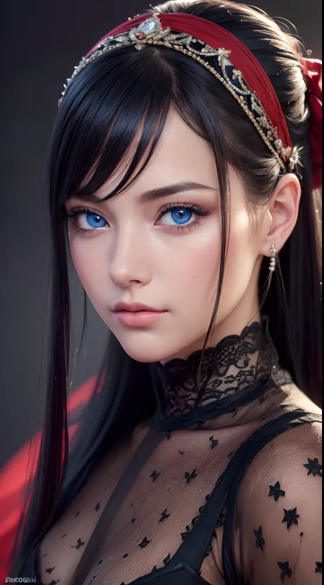 (Best quality,4K,8K,A high resolution,Masterpiece:1.2),Ultra-detailed,(Realistic,Photorealistic,photo-realistic:1.37),beautiful detailed blue eyes,Long black hair in a high bun,Detailed red veil,Portrait,Sharp focus,professional,Vivid colors,Dark backgroun...