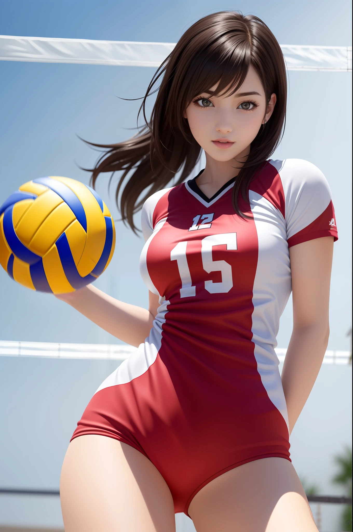 8K,top-quality,Real Image,intricate detailes,超A high resolution,Depth Field,masuter piece,natural soft light,profetional lighting,1 girl in,(cute little:1.2),Very beautiful 17 year old cartoon girl, photorealistic anime girl render, realistic anime 3 d style,A detailed eye,((Brown-eyed)),(Brown hair),(bangss), (((FF7)))(((Tifa))),(Tifa:1.2,Solo), Blake Super Detail Face, Detailed eyes, (light brown hair, Large breasts: 1.2), (Tifa in volleyball uniform:1.7),Gymnasium