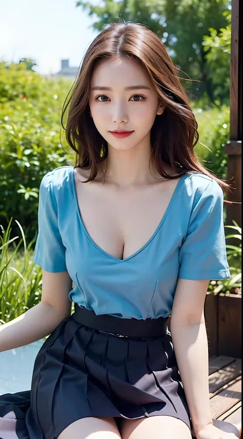 Top image quality、8K picture quality、​masterpiece:1.4、Pretty girl、blue-sky、grass field、Lean forward to show off your chest、cleavage of the breast、above thighs、Angle of incitement from below、the wind、Light brown hair with random hairstyle、T-shirt with loose...