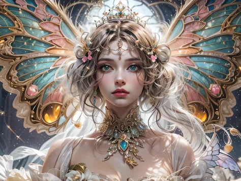 That's、It's a realistic fantasy masterpiece with plenty of sparkles, Glitter, e detalhes ornamentados intrincados. It produces a small woman with a beautiful delicate crown sitting on a garden swing at night. She is a beautiful and seductive butterfly quee...