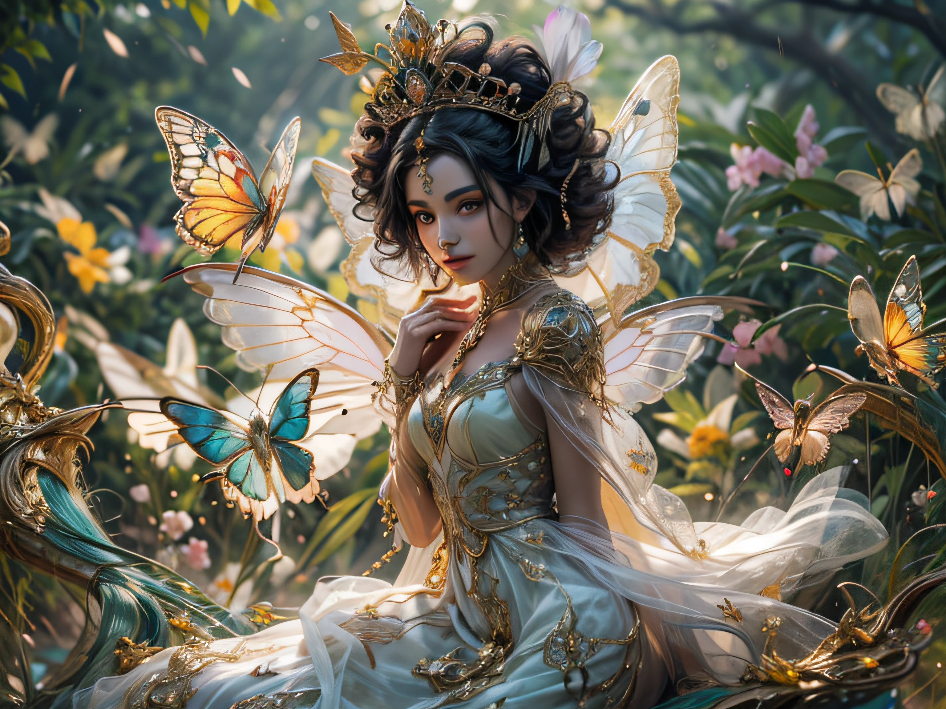 That's、It's a realistic fantasy masterpiece with plenty of sparkles, Glitter, e detalhes ornamentados intrincados. It produces a small woman with a beautiful delicate crown sitting on a garden swing at night. She is a beautiful and seductive butterfly queen with stunning curly black hair, (((Incredibly realistic and detailed dynamic eyes in bright colors with realistic shading))).  her skin is translucent white, Your eyes are shining, and her dress is elegant. Her dress is spun with delicate and fine gossamer silk, Complicado, Detalhes florais delicados e mangas de borboleta de seda dourada. His face is beautiful and . Inclua flores que brilham no escuro, many particles, Fantasy: highly realistic butt fly with translucent wings, yolk color and fine details, E brilhe. Arte feita no estilo de Guviz、Artstation and Midjourney fantasy titles in vogue、Reminds the masters of this genre. Camera: Using dynamic composition techniques、Emphasizes ethereal delicacy and delicate details.