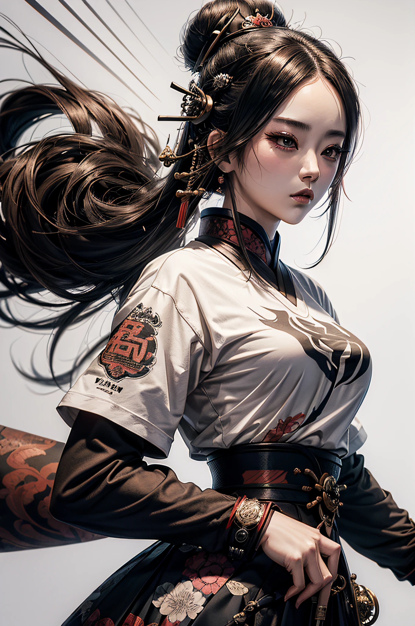 رسمة قميص لـ A ((onna-bugeisha)), نسيج ثقيل, تصميم دائرة, خلفية غروب الشمس, أسلوب القلم والحبر, تصميم تي شيرت, خلفية بيضاء