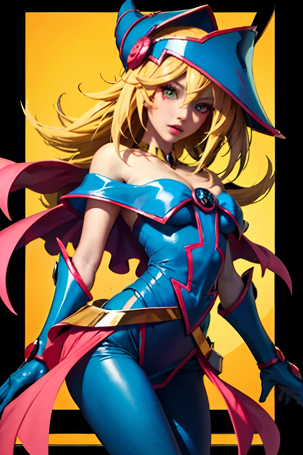 Beautiful dark mage (Masterpiece: 1.2, The best quality), (1 , only), big breasts, (dynamic posture), (shiny skin, crimson red skin), crimson red skin, Dark Magician Girl Demon Version Sezy, Redskin, Thin and lace gloves, ( small demonic horns:1.1), (Lilith \(Darkstalkers\)), (sky), fringe, (jewely, golden ornament:1.15 ), pelvis grande, blue (shackles:1.1) Dark Magician Girl Sexy Demon Version. Magic circle and magical hearts