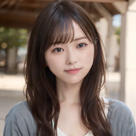 in 8K,Best Quality:1.4, 超A high resolution:1.5, (Photorealistic:1.4),​masterpiece:1.2,(top-quality:1.4)、 Raw photo、 (the background is blurred),  1日本人の女の子, Cute, (Solo:1.4), (Shy smile), Smooth skin、 (Brown medium hair,Bangs),nogizaka,Supple fingertips,Bea...