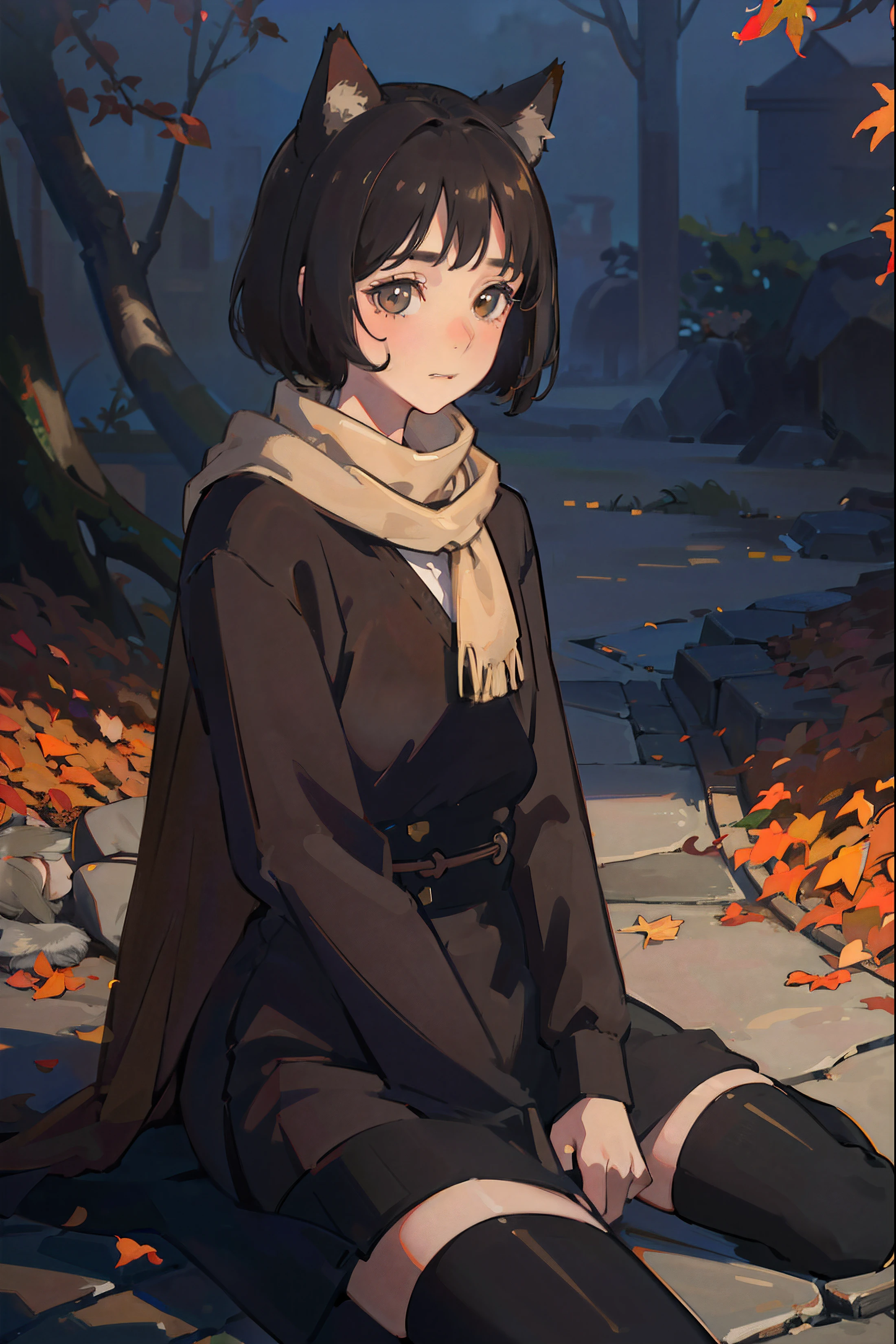 (best quality,4k,8k,highres,masterpiece:1.2),ultra-detailed,(realistic,photorealistic,photo-realistic:1.37),young boy,short black hair,copper colored eyes,black cat ears,yellow scarf,brown coat,shy,mouth covered,no mouth,thick brown coat,cute,slender,small,little boy,natural lighting,scenic background,playful expression,soft lighting,delicate facial features,innocent eyes,curious gaze,rustling autumn leaves,morning mist,faint smile,dainty fingers,furry cat ears,warm color palette,golden sunlight,gentle breeze,playful cat tail,subtle shadows,dappled sunlight,serene atmosphere,whispering wind, thigh high socks, feminine, little boy, short black hair