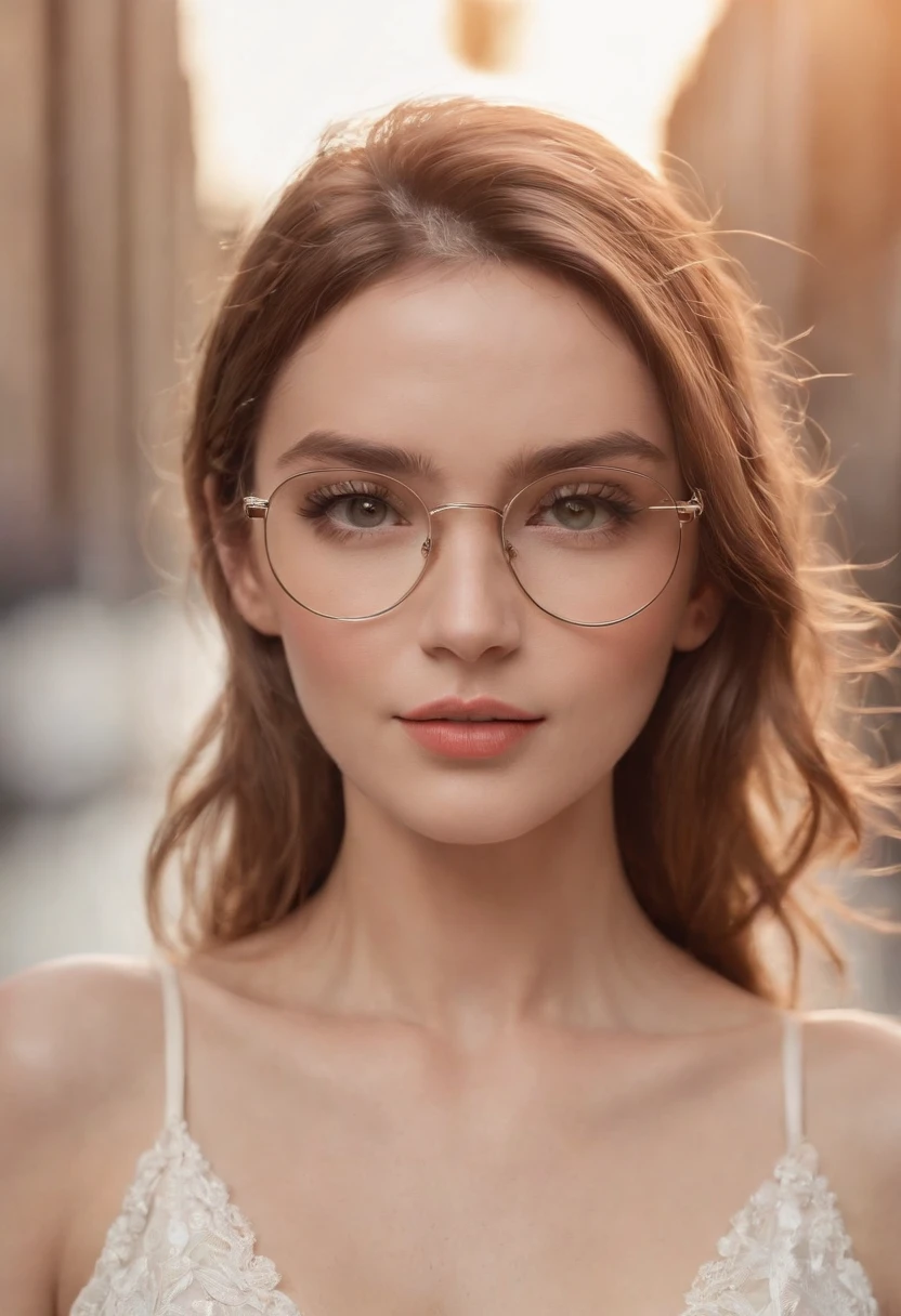 (masterpiece, Best Quality, photorealistic, ultra-detailed, finely detailed, high resolution, 8K wallpaper), 1 beautiful woman, nude ((full body)), earrings, necklace, light-brown messy hair, perfect dynamic composition, beautiful detailed eyes, white glasses, no bra, like a fashion magazine cover work, in the city