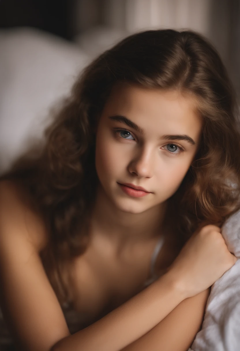 Portrait of a cute 15-year-old teenage girl with a perfect, beautiful face, Russian, in panties, naked in bed (dark privates Arbeitszimmer, dark, atmospheric light: 1,2)