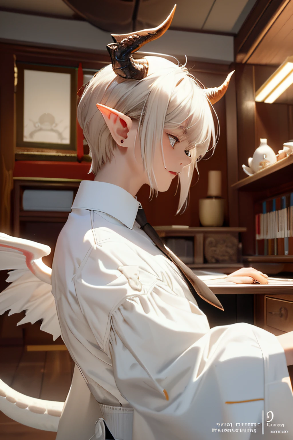 (masterpiece, best quality), 1boy, beautiful face, collared shirt, white shirt, necktie, front and back profile of a small boy with horns,wings, tail of a dragon, his feet have claws, long elf ears, intricate costume design, exaggerated expressions, cute expressions, manga inspired, cute, genshin impact inspired, character design, no watermark, --niji 5, emo style clothing, y2k