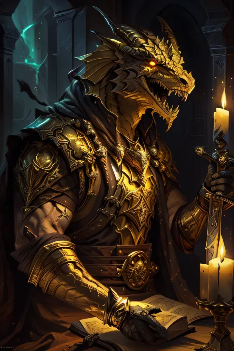 beautifull gold dragonborn, solo, yellow eyes, male, sitting, male focus, horns, teeth, indoors, armor, book, glowing, sharp tee...