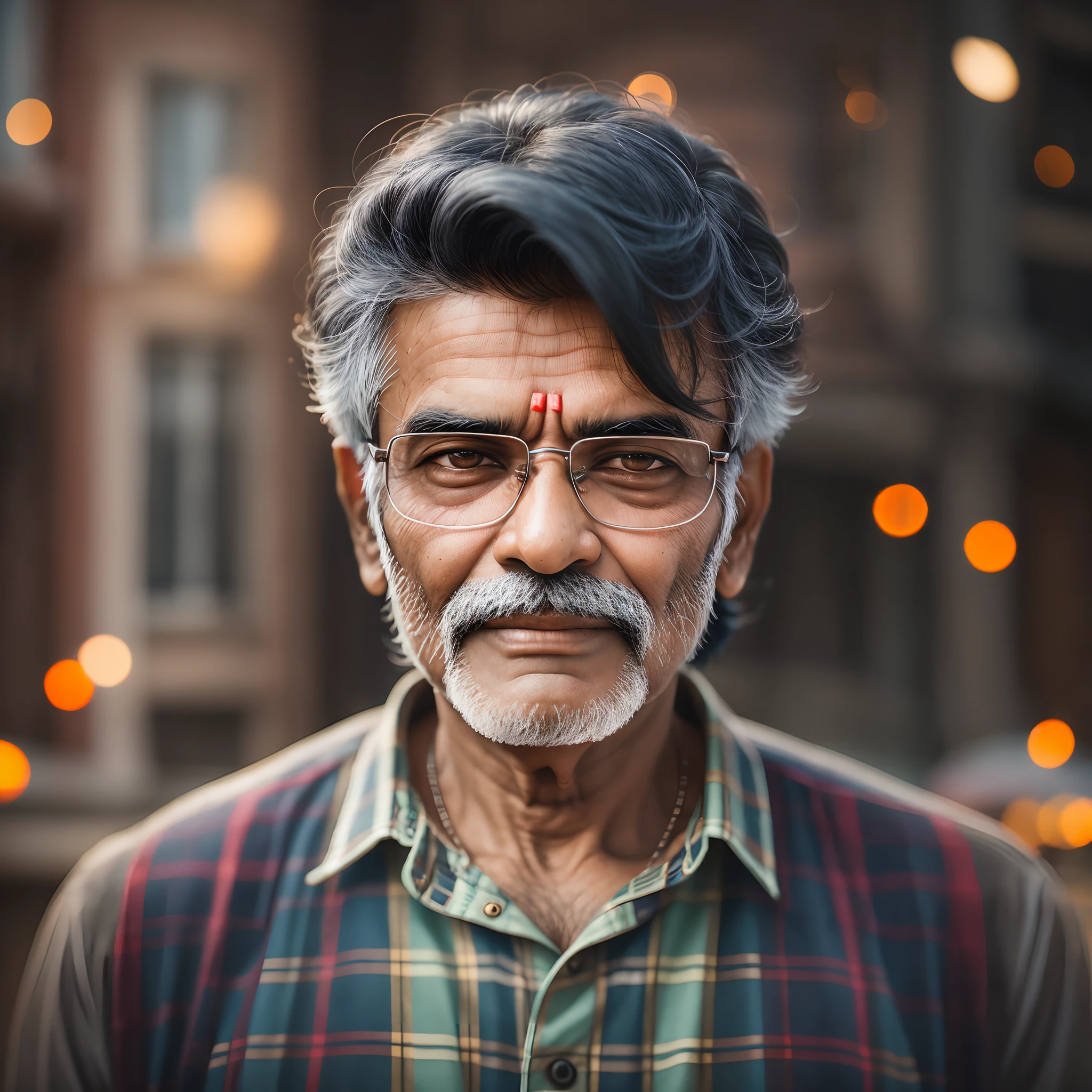 Retrato de un hombre indio, 60 años, pelo negro, vistiendo camisa a cuadros y jeans, afuera de una mansión victoriana, trazado de rayos, profundidad de campo, efectos de partículas, bokeh, Alta resolución