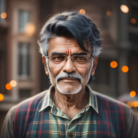 Portrait of an indian man, 60 years old, black hair, wearing plaid shirt and jeans, outside an victorian mansion, raytracing, de...