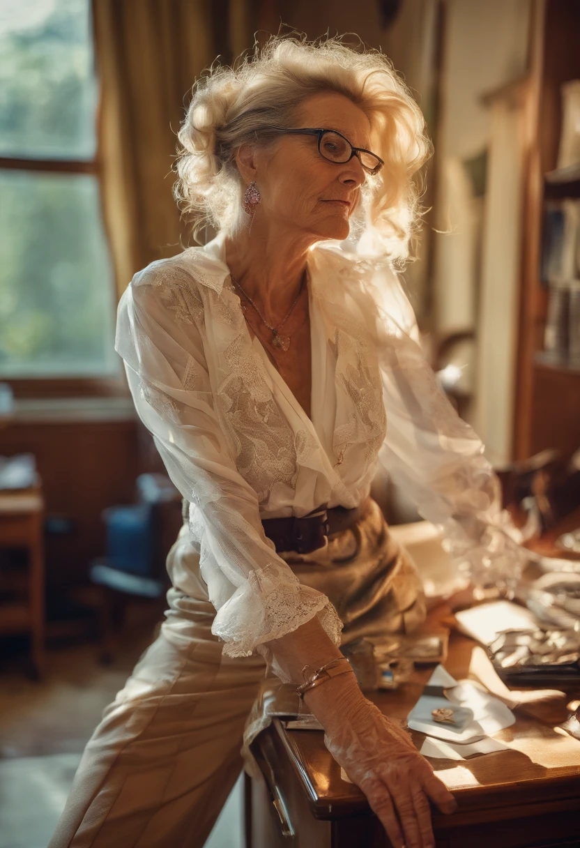 A woman in glasses standing at a desk with a computer - SeaArt AI