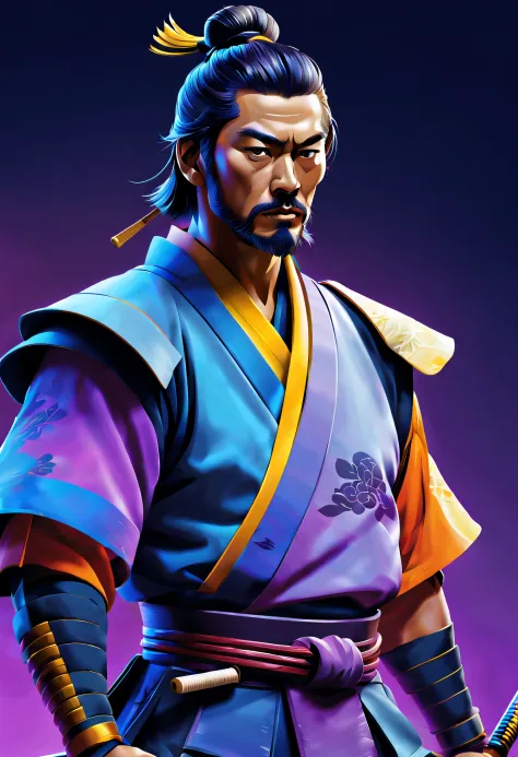 minimalistic, stylized digital painting of a male samurai , multilevel art, vivid colors, blue, yellow, violet, and orange color...