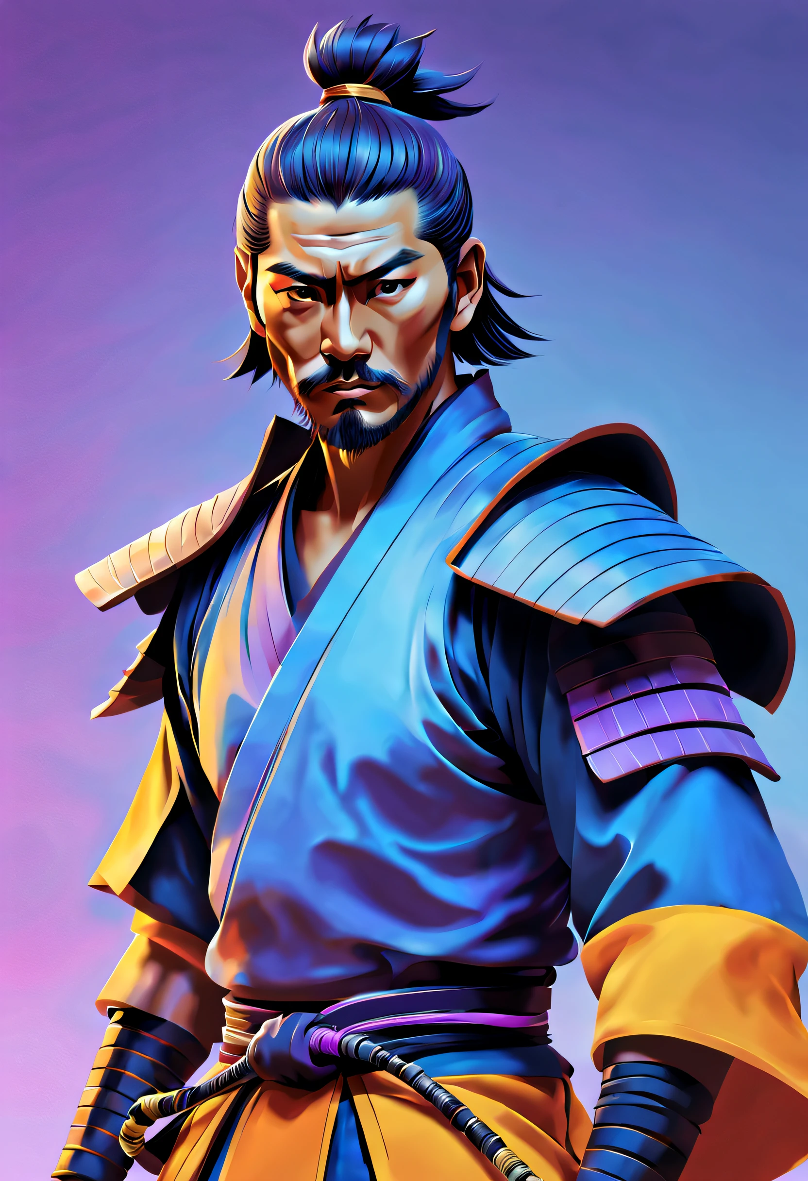 minimalista, pintura digital estilizada de um samurai masculino , arte multinível, cores vivas, azul, amarelo, violet, e cores laranja, ilustração de estilo vetorial superflat, iluminação cinematográfica. design de camiseta.