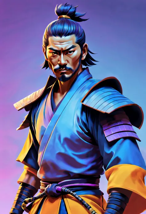 minimalistic, stylized digital painting of a male samurai , multilevel art, vivid colors, blue, yellow, violet, and orange color...