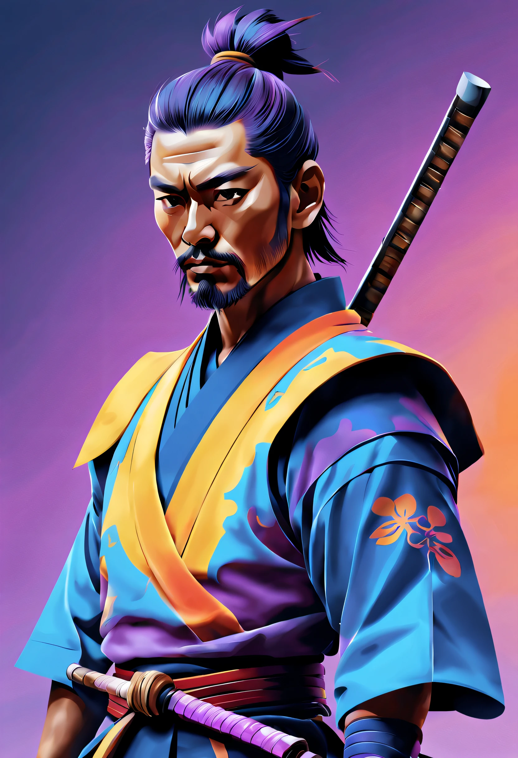 minimalistisch, stilisiertes digitales Gemälde eines männlichen Samurai , mehrstufige Kunst, lebendige Farben, Blau, Gelb, violett, und orange Farben, superflache Vektorgrafik, filmische Beleuchtung. T-Shirt Design.