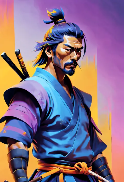 minimalistic, stylized digital painting of a male samurai , multilevel art, vivid colors, blue, yellow, violet, and orange color...