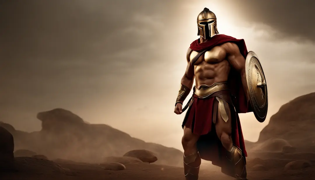 Wide cinematic image of Spartan ,Pose imponente muy musculosa ,Inspirado en caracteres griegos ,Antecedentes detallados ,8k,Super detailed,Inspirado en personajes estoicistas